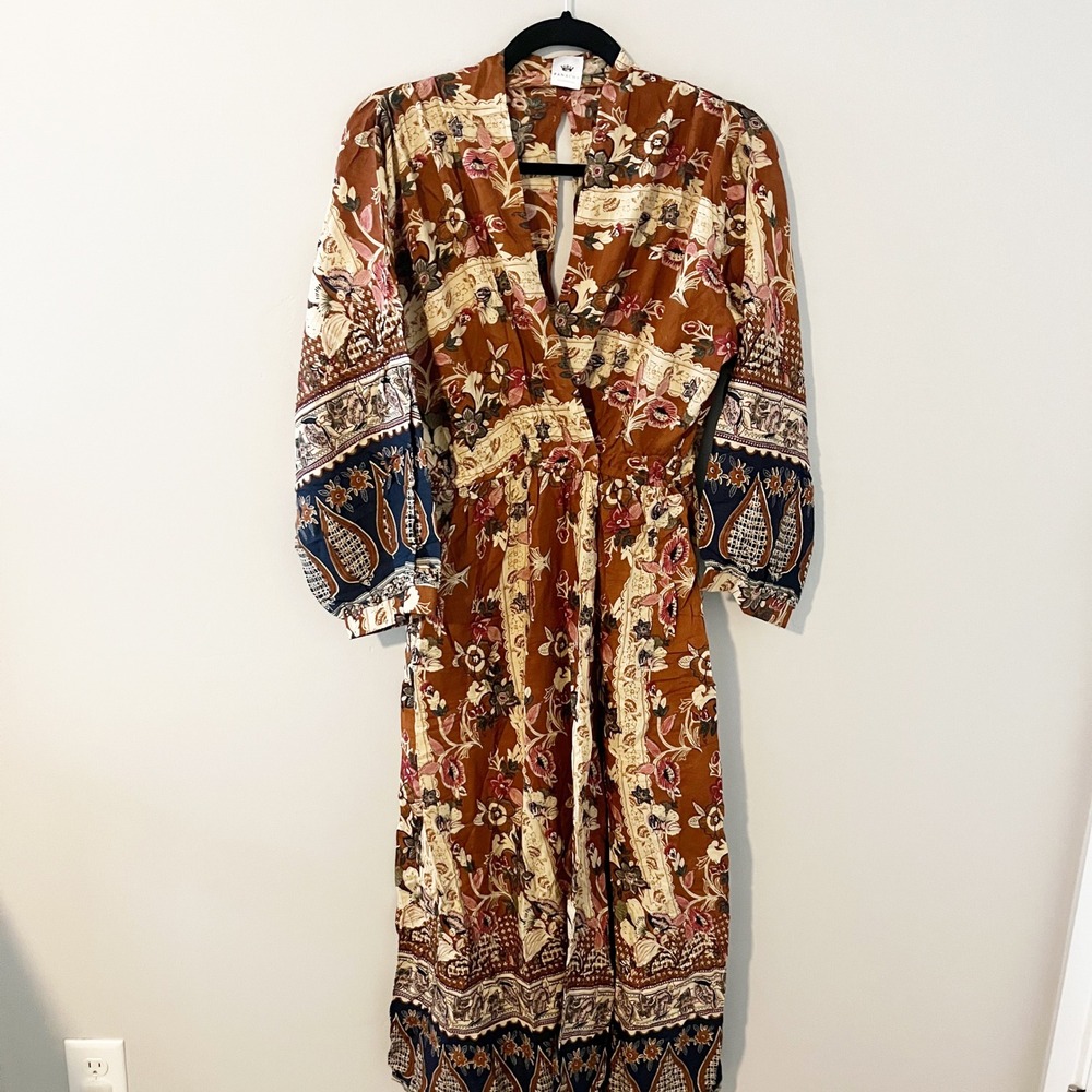 Panache Accessories Rust Brown Floral Paisley Boho Maxi Dress Large 100% Viscose
